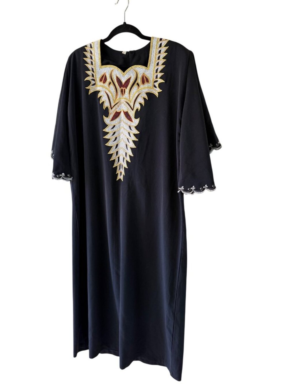 Vintage Womens Kaftan Metallic Embroidered Square Neckline Relaxed Fit OS Black